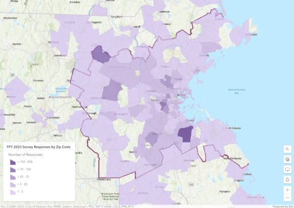 Map depicting the geographic distribution of survey responses (by zip code) for all FFY 2023 surveys. Most responses, including areas with higher concentrations of responses, are within the MPO region, although some survey responses on the map fall outside of the MPO region boundary. The map depicts the highest concentrations of responses (75 to 250) in Braintree, Littleton, Brookline, Sudbury, Norwood, Medford, and Boston, with responses of varied concentrations (up to 75) throughout the region. The map also shows some areas in the region with no responses.
